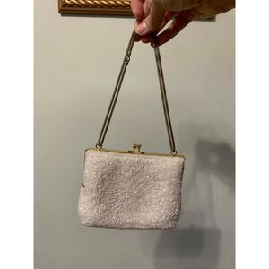 Midcentury Vintage White Glass Seed Bead Clutch Purse with Gold Tone Metal Frame